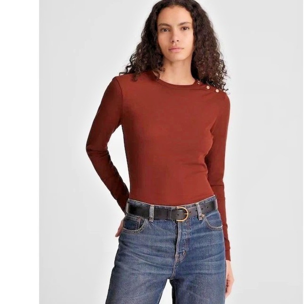 Madewell Ribbed Long Sleeve Top Button Shoulder Rust Size L NWT $68 G29